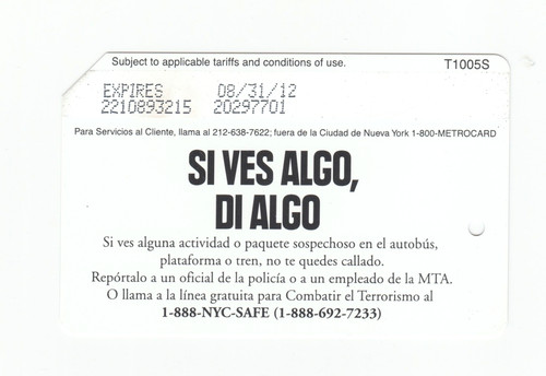 Expired Metrocard If you see something say something Spanish version card