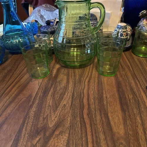 Anchor Hocking Block Optic Uranium Glass Pitcher. Excellent Condition Vintage