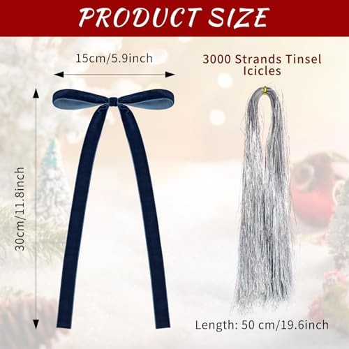 Set of 12 Pcs Vintage Velvet Bow and 3000 Strands Tinsel Icicles - 5.9" x Blue