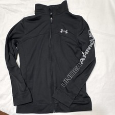 Under Armour Boys Black Full Zip Track Jacket Fleece Pockets Youth M
