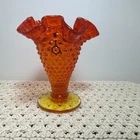 Vintage Fenton Amberina Orange Yellow Glass Vase Hobnail Ruffled 4" with Sticker