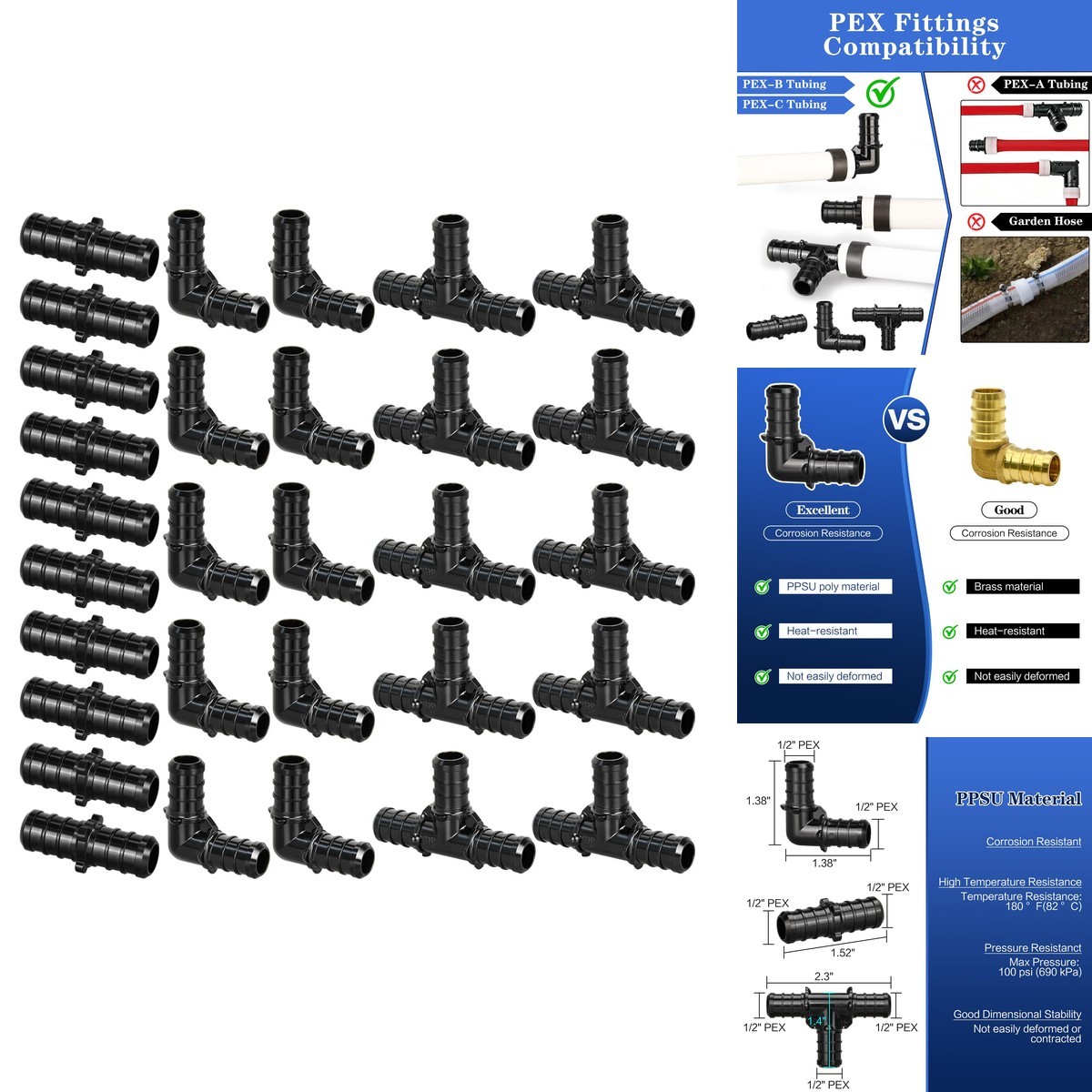 30pcs 1/2" Poly PPSU Barb Crimp PEX Fitting Combo No Lead