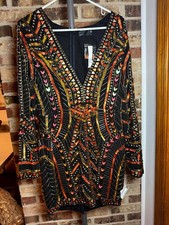 Asos Design Mini Dress Womens 10 Black Geometric Panelled Embellishment V Neck