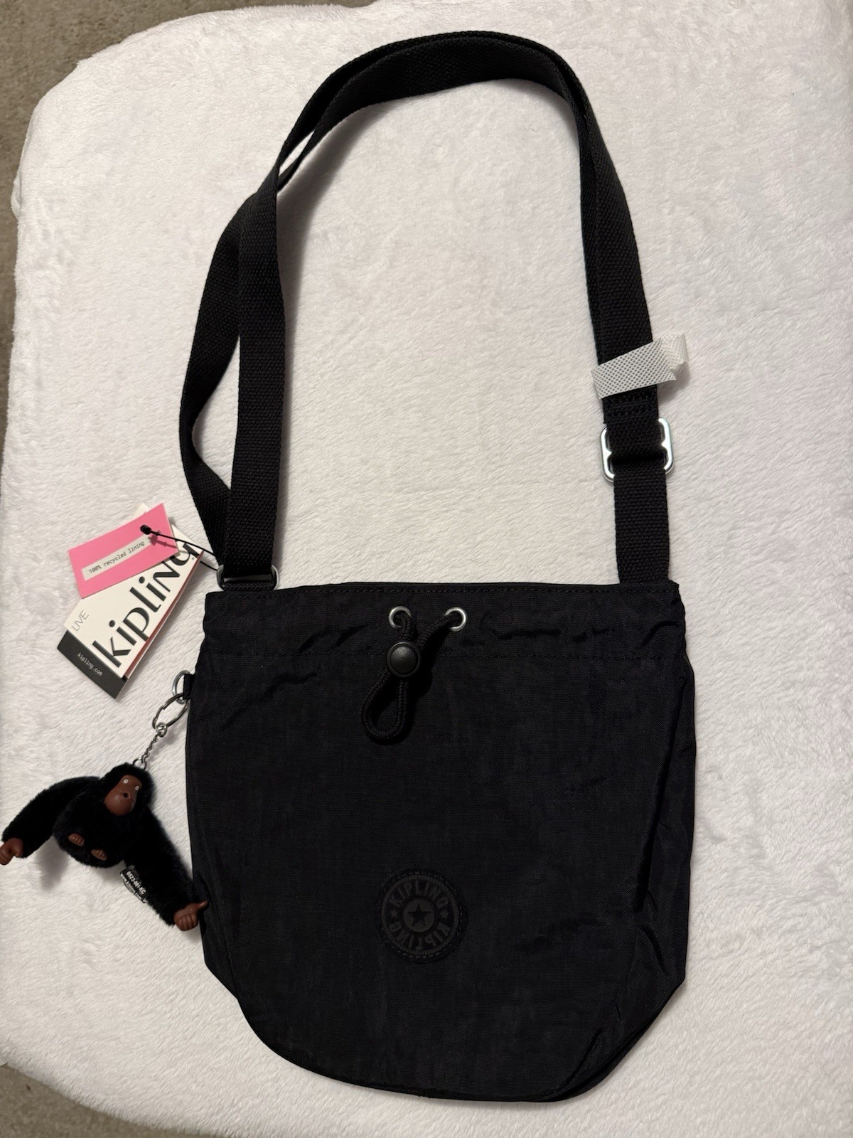 Kipling Alene Black Tonal Live Light Drawstring Crossbody Black NWT