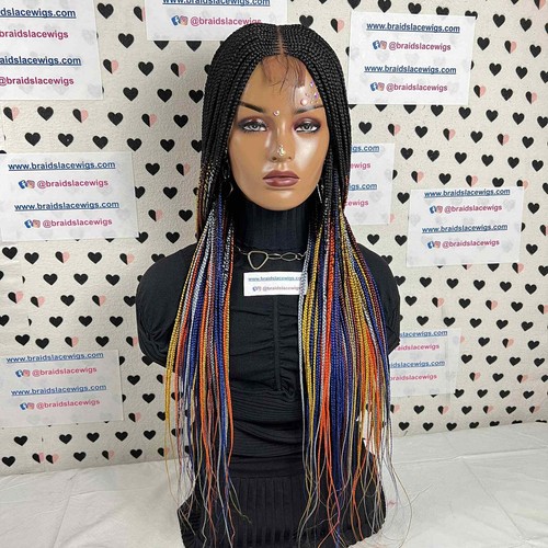Lace Closure Braided Wig Top Cornrows Multi Black Multi Colored Box Braids Wigs - Picture 2 of 10