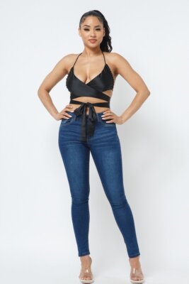 Women Draped Neck Satin Wrap Around Top Shoulder Pad Sleeveless Zipper Vest  Tank