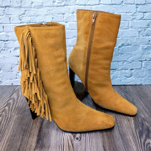 VTG Golden Tan Leather Suede Fringe Boots Boho Hippie Cowgirl Western 90s US 9.5 - Picture 2 of 12