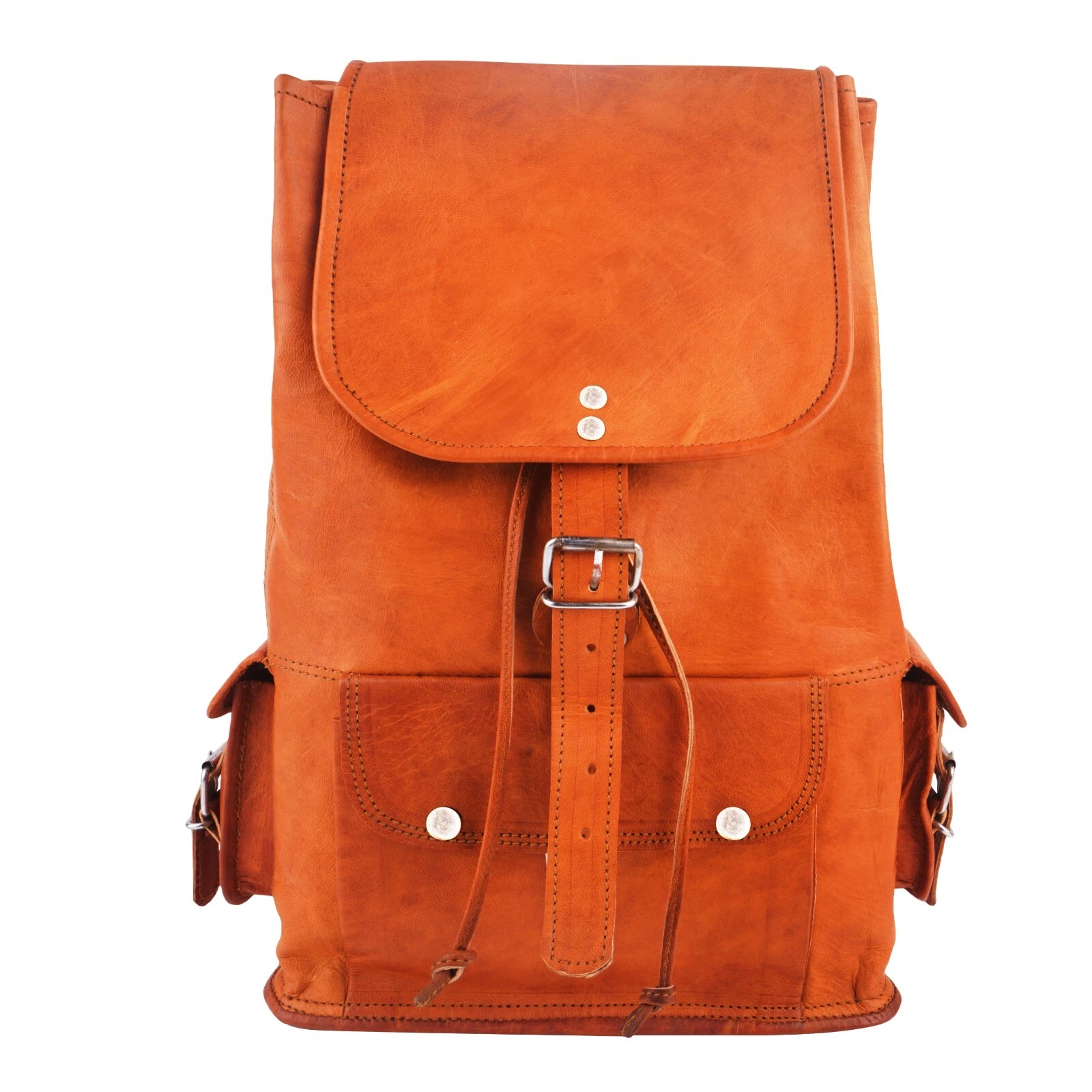 16" Pure Leather Backpack 3 Pocket out Side Buckle Closer Bag For Unisex Adults