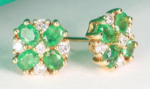 0.46ct Natural round Diamond emerald 14k yellow gold wedding stud earrings