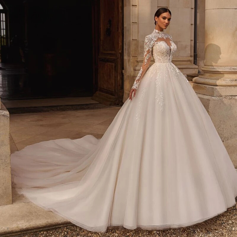 Classic High Neck Long Sleeve Wedding Gown Beaded Applique Palace Train  Vintage | eBay