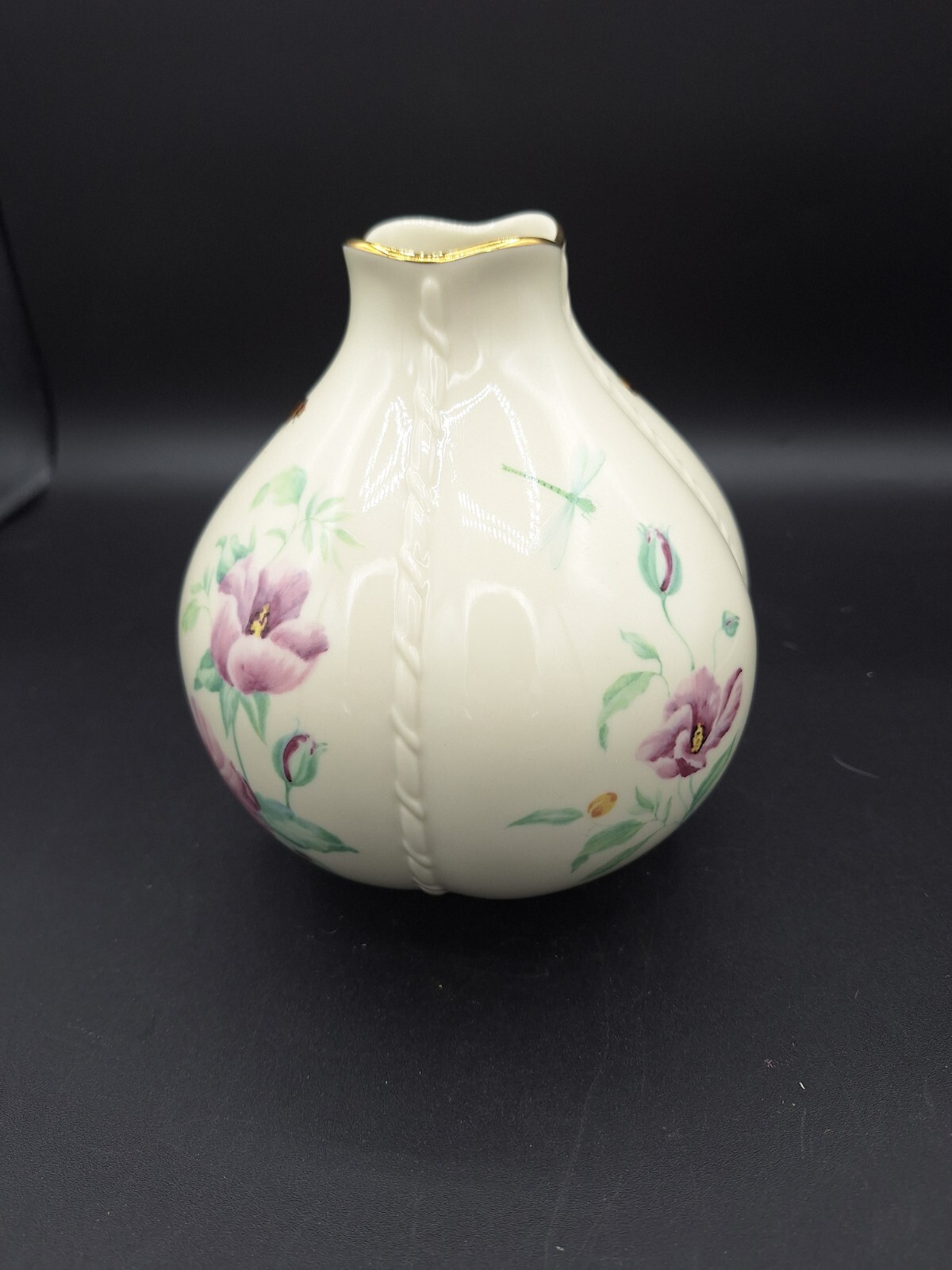 Cream LENOX MORNINGSIDE vase with gold rim, purple dragon and bee motifs, and green leaf accents on a dark background.