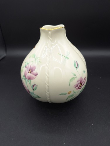 Cream LENOX MORNINGSIDE vase with gold rim, purple dragon and bee motifs, and green leaf accents on a dark background.