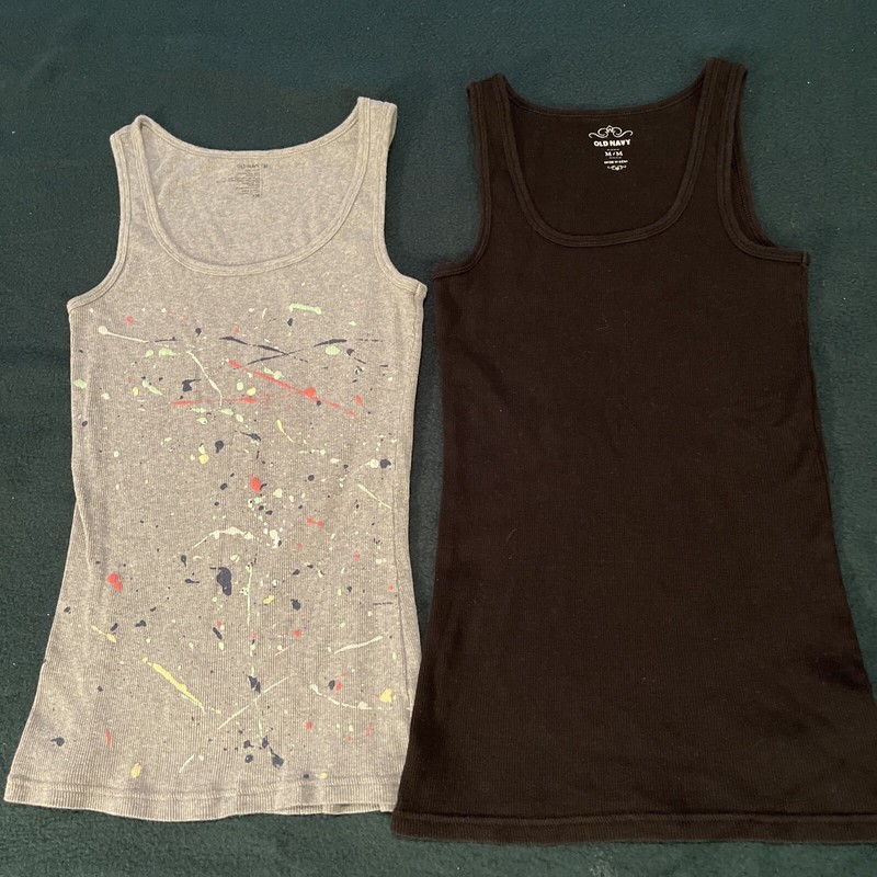 2 Old Navy Girls 100% Cotton Ribbed Tank Tops - Gray w/ Paint Platters & Black
