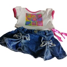 Build a Bear Outfit Pink Peace Top Denim Floral Demin Skirt Set Pink Bow Toy