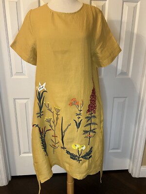 Minibee Embroidered Linen Cotton Yellow Dress Two Pockets Short Sleeve  Medium | eBay