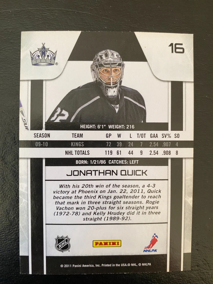 Jonathan Quick 2010-11 Zenith Hockey #16 Los Angeles Kings - Image 2 of 2