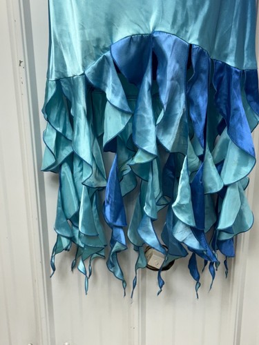 Y2K Mermaid Ombre Blue Satin Dress Ruffle Hem Fairycore Slip Spaghetti Strap - Picture 5 of 17