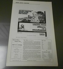 1963 DIARY OF A MADMAN PressBook Kit VINCENT PRICE Horror FVF 11x17 6 pgs