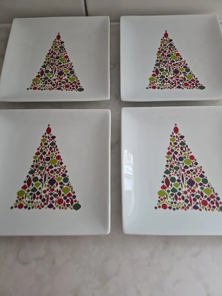 NEW 4 Crate & Barrel Christmas Tree 6" Square Appetizer Plates - Image 2 of 4