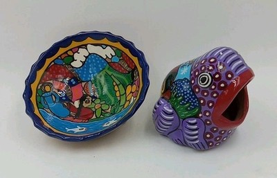 Lot 2 Talavera Mexican Pottery Trinket Dishes 1 Dish 1 Frogs Signed  Jose Vargas