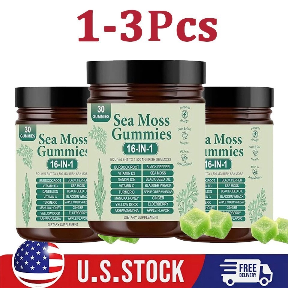 16 IN 1 Organic Sea Moss Gummy Irishmoss Extract 6000Mg Green Apple Flavor