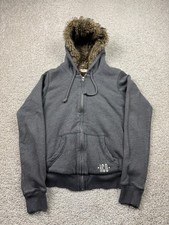 Hollister Faux Fur Hoodie Women Medium Gray Full Zip Fur Lined Brown Y2K