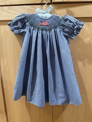 Be Mine Baby Girl Smocked Bishop Dress Size 6M American Flag July 4th Summer