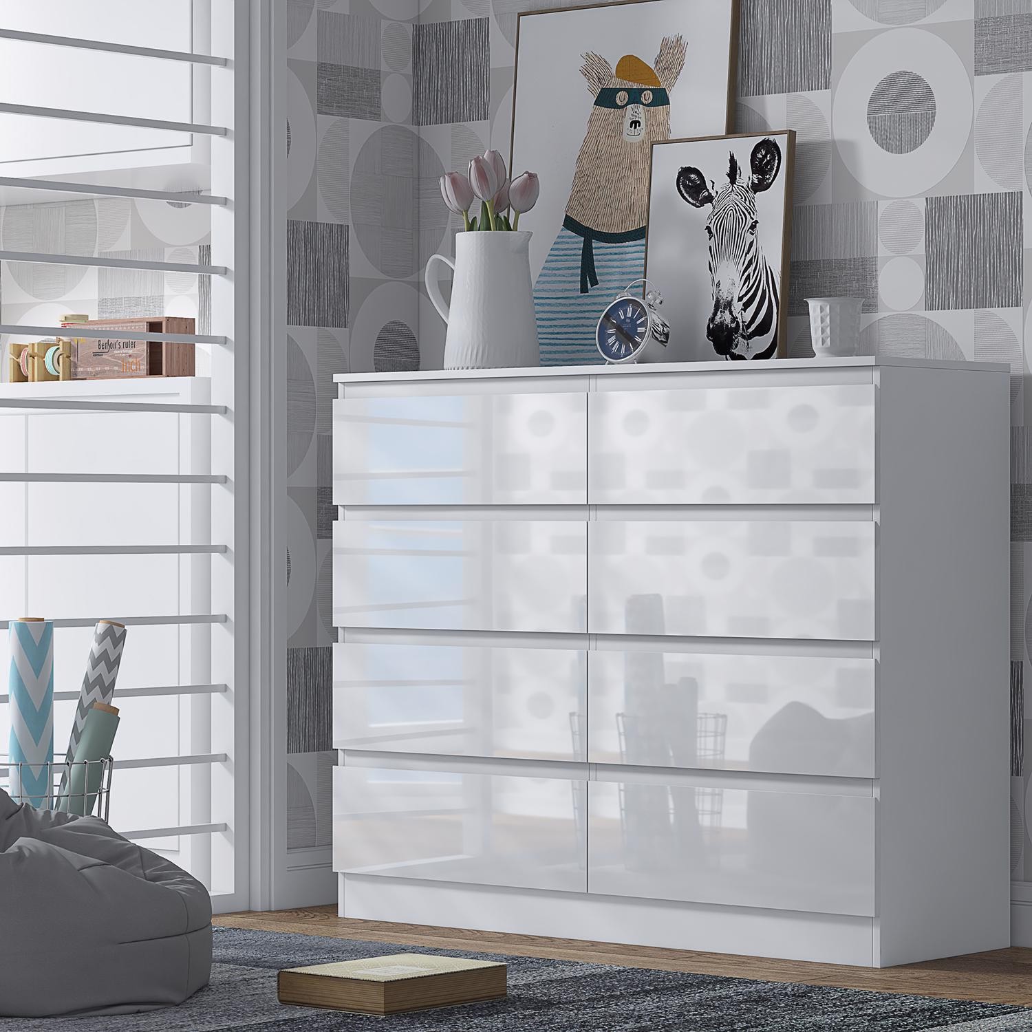 8 Drawer Chest of Drawers White Gloss Modern No Handle Design Bedroom Large