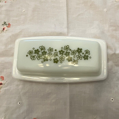 Vintage Milk Glass Covered Butter Dish w/ Lid, White Green Floral, 7x3 in