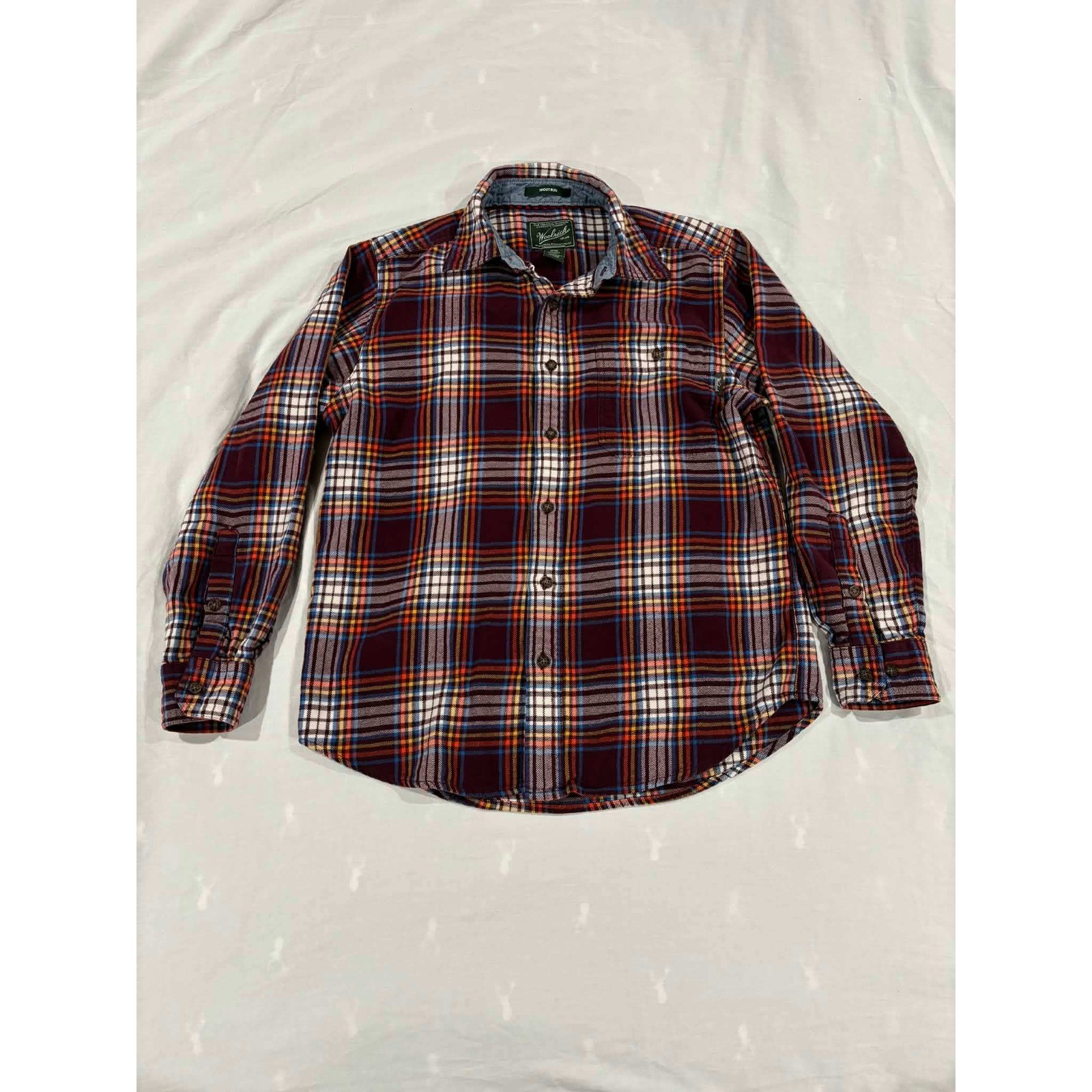 Woolrich Mens Plaid Flannel Shirt Trout Run Burgundy Blue Orange Size Med