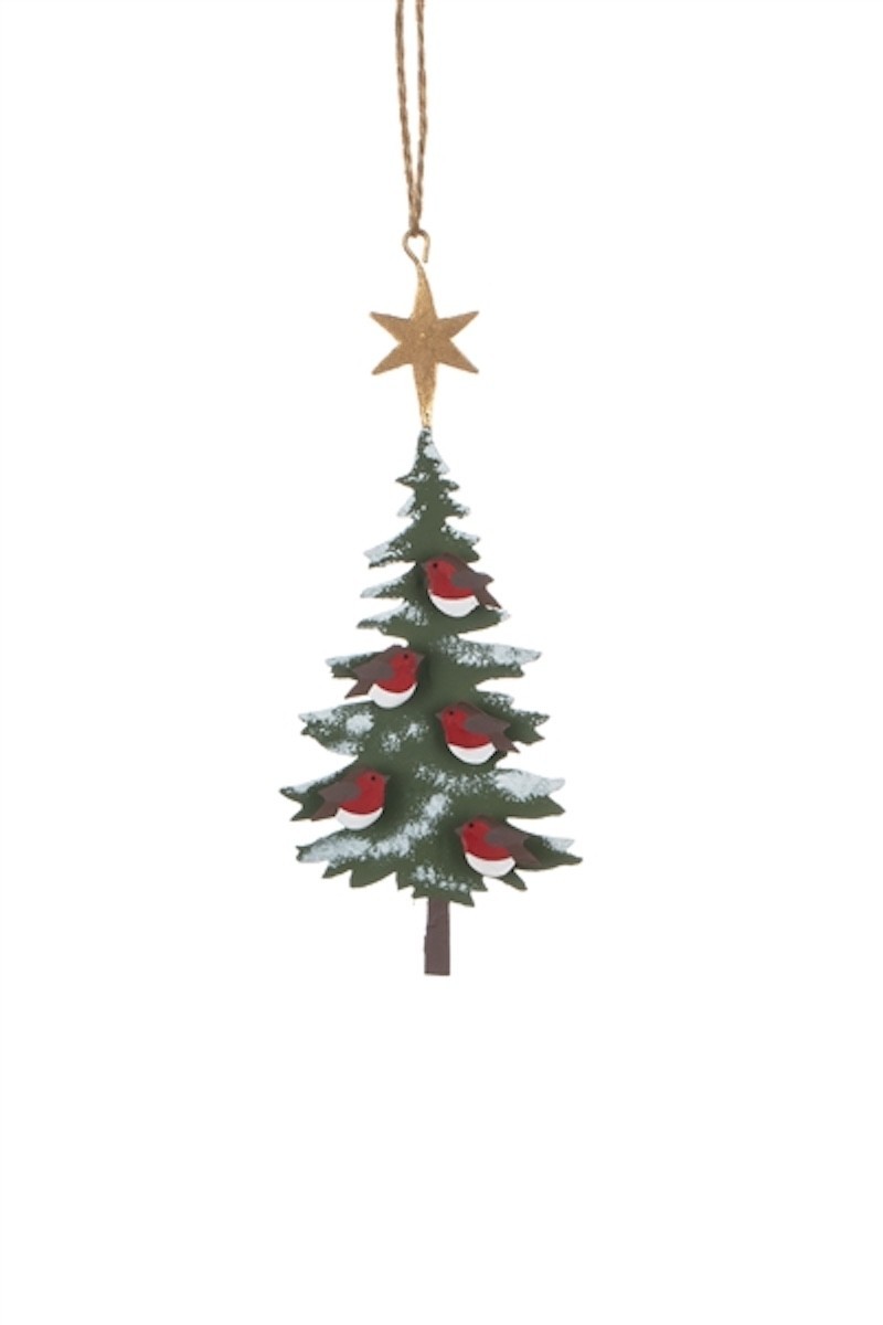 Robins on Christmas Tree Novelty Hanging Christmas Decoration with Rustic Twine