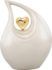 Heart of Love Cremation Urn for Adult Human Ashes, 12in, White With Gold Heart