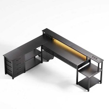 für Home Schlafzimmer L-förmiger Schreibtisch mit 7 Aktenschubladen LED,Steckdos