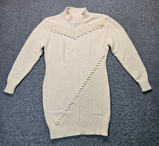 Cream Mock Neck Knit Sweater Dress Long Sleeve Asymmetric Accent Women Size L