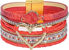 Leather Wrap Bracelet for Women, Boho Cuff Bracelet with Strong Clasp, Multi-Lay