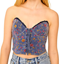 VINTAGE Y2K VICTORIA'S SECRET 36B COUNTRY BLUE FLORAL VELVET BUSTIER CORSET TOP