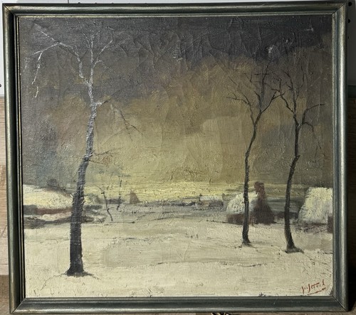 Antique Northern European Landscape Oil On Canvas Signed Trees Snow Cottages