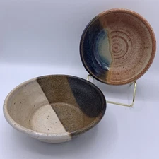 Lot of 2 Unique Handmade Stoneware Art Pottery 6" Bowls Multicolor Rustic Signed
