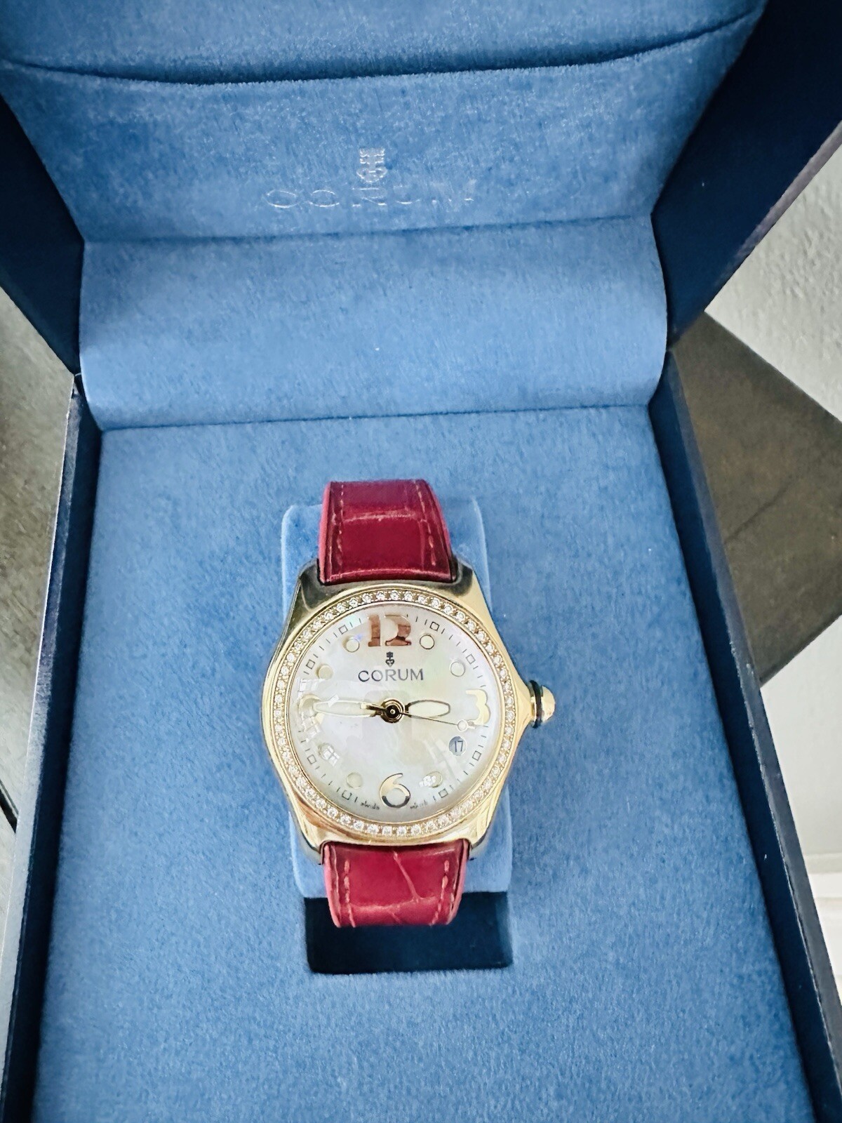 Ladies Corum Bubble 18k Yellow Gold 36mm Factory MOP Dial Diamond Bezel In Box - Image 3