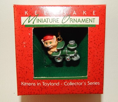 Hallmark Miniature Christmas Ornament - Kitten in Toyland Riding Train - MIB