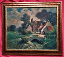 Beautiful Barbizon School Oil Late 19th Century "Lively Village Entrance" Sig...