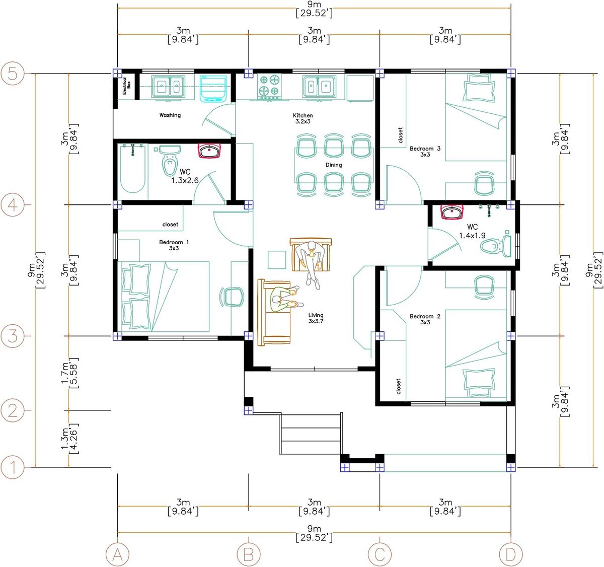 30x30 Custom House Plan 9x9 Meter 3