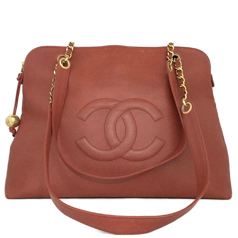 CHANEL CC Logo Grained Calfskin Chain Shoulder Tote Bag Red/4AE0435