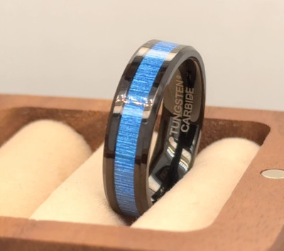 Black Tungsten Thanksgiving Present Ring Blue Bamboo Wood Inlay Women Ring