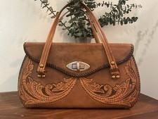 1960s 1970s Hand Tooled Leather Box Bag, Vintage Hippie Bohemian Leather Purse