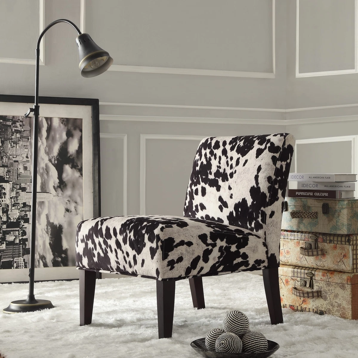 Black & White Faux Cowhide Fabric Armless Accent Chair Comfortable