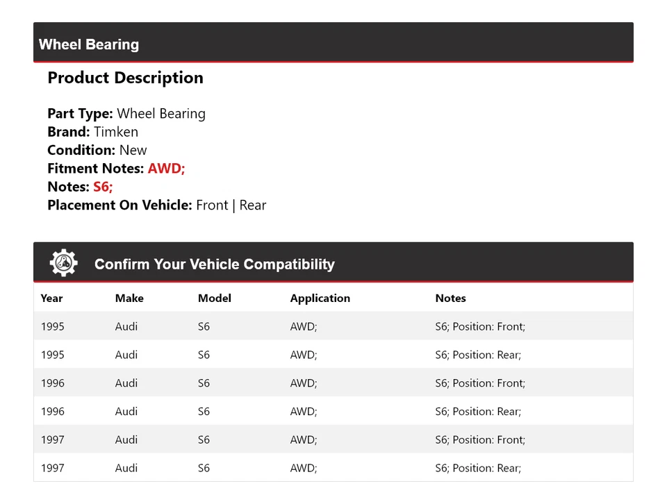 Cojinete de rueda Timken 1996 para Audi S6 1995-1997 AWD Foto 2 de 4