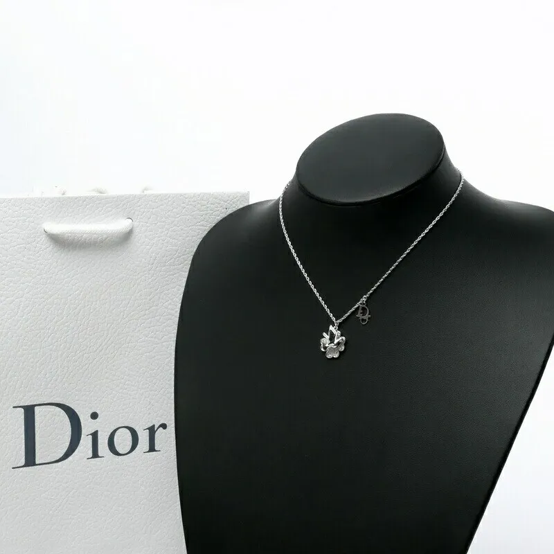 Japan Used Necklace] Christian Dior Clover Rhinestone Dove Logo
