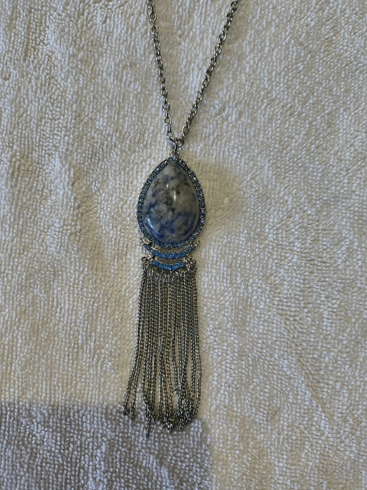 Blue Acrylic Stone Silver Tassel Necklace - Image 4 of 4