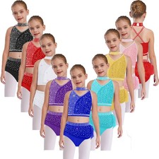 Kids Girls Dancewear Gymnastics Outfit Ballroom Costume Modern 2-Piece Show